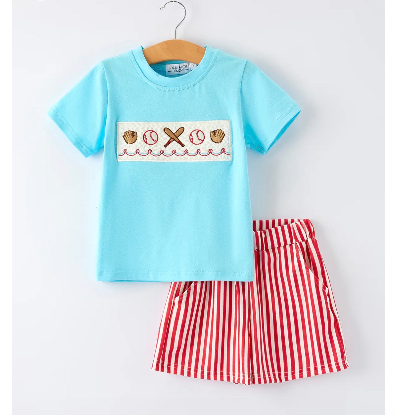 Boys Baseball Embroidery Blue T-shirt and Red Stripe Shorts Set