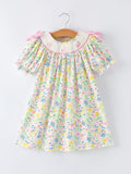Easter Bunny Embroidered Pom-Pom Short-Sleeved Girls Dress