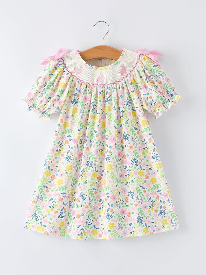 Easter Bunny Embroidered Pom-Pom Short-Sleeved Girls Dress