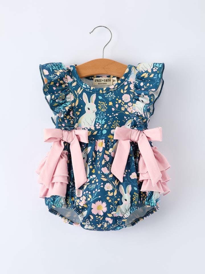 Teal Easter Bunny Garden Ruffle Sleeve Baby Girls Romper